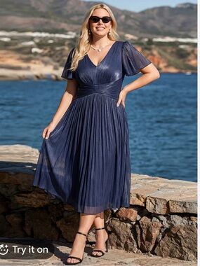 Ever Pretty Navy V-Neck Pleated Midi Dress with Flutter Sleeves